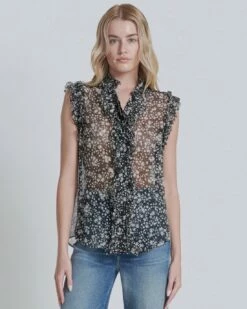 7 For All Mankind Sleeveless Ruffle Top In Black/White Print