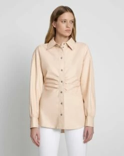 7 For All Mankind Faux Leather Cinched Waist Button Up Shirt In Nude