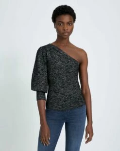 7 For All Mankind One Shoulder Sweater In Black Metallic