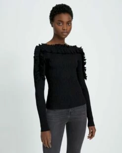 7 For All Mankind Long Sleeve Ruffle Top In Black