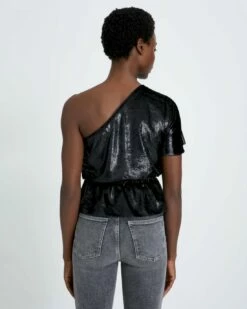 7 For All Mankind One Shoulder Ruffle Blouse In Black Shine -7 For All Mankind Sales 47cd1588bd3d17db9cae82ba69c78772