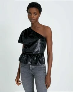 7 For All Mankind One Shoulder Ruffle Blouse In Black Shine