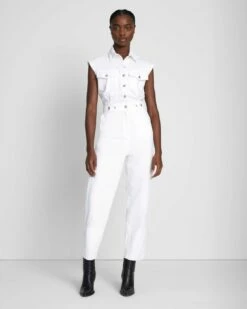 7 For All Mankind Denim Lustre Sleeveless Balloon Jumpsuit In Brilliant White