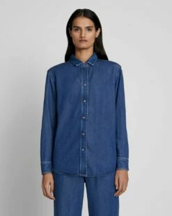 7 For All Mankind Denim Lustre Classic Shirt In Dark Indigo