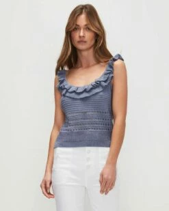 7 For All Mankind Crochet Front Tank In Denim Blue
