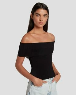 7 For All Mankind Off The Shoulder Ribbed Top In Black -7 For All Mankind Sales 7N116F23 BLK 3