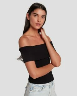 7 For All Mankind Off The Shoulder Ribbed Top In Black -7 For All Mankind Sales 7N116F23 BLK 5