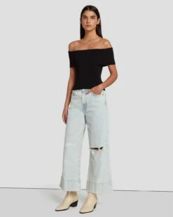 7 For All Mankind Off The Shoulder Ribbed Top In Black -7 For All Mankind Sales 7N116F23 BLK 6