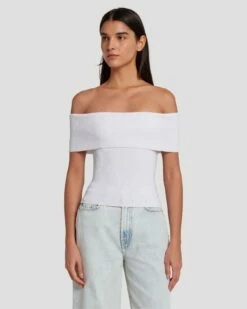 7 For All Mankind Off The Shoulder Ribbed Top In Bright White -7 For All Mankind Sales 7N116F23 BRW 3