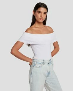 7 For All Mankind Off The Shoulder Ribbed Top In Bright White -7 For All Mankind Sales 7N116F23 BRW 5