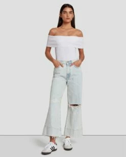 7 For All Mankind Off The Shoulder Ribbed Top In Bright White -7 For All Mankind Sales 7N116F23 BRW 6