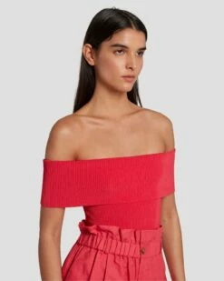 7 For All Mankind Off The Shoulder Ribbed Top In Geranium -7 For All Mankind Sales 7N116F23 GER 3