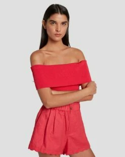 7 For All Mankind Off The Shoulder Ribbed Top In Geranium -7 For All Mankind Sales 7N116F23 GER 5
