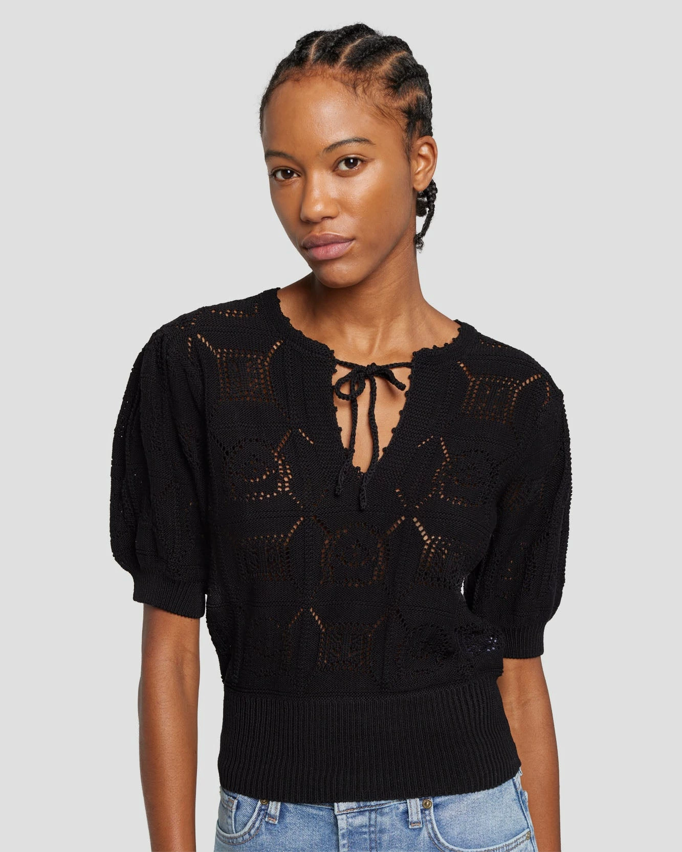 7 For All Mankind Short Sleeve Crochet Sweater In Black 4 7 For All Mankind Short Sleeve Crochet Sweater In Black - Image 2