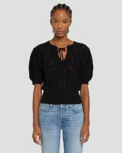 7 For All Mankind Short Sleeve Crochet Sweater In Black