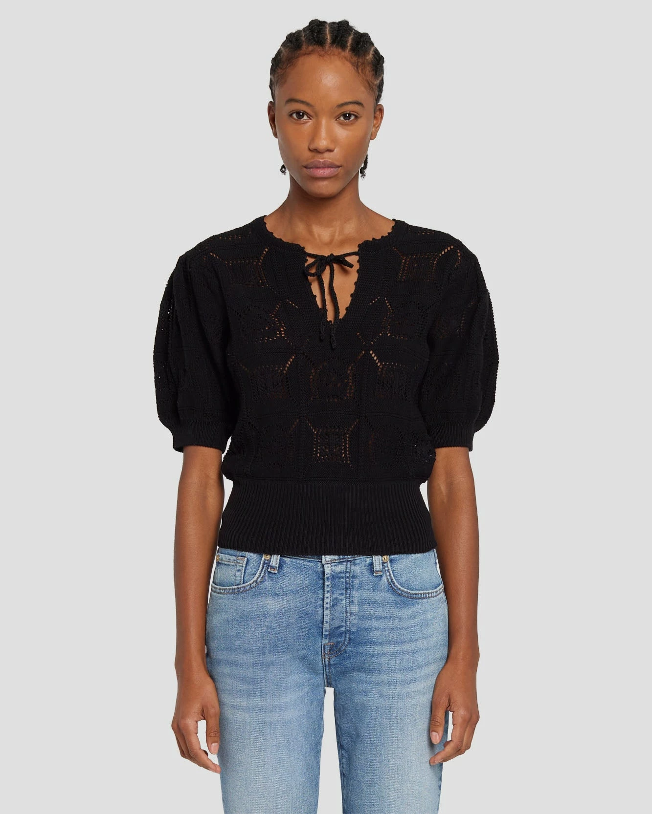 7 For All Mankind Short Sleeve Crochet Sweater In Black 3 7 For All Mankind Short Sleeve Crochet Sweater In Black