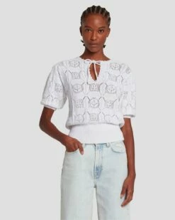 7 For All Mankind Short Sleeve Crochet Sweater In Bright White
