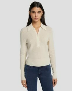 7 For All Mankind Quarter Zip Polo Sweater In Cream -7 For All Mankind Sales 7N120F35 CRM 6