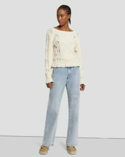 7 For All Mankind Floral Cable Knit Sweater In Cream -7 For All Mankind Sales 7N125F46 CRM 4