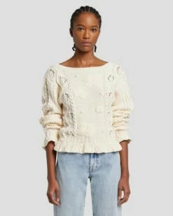 7 For All Mankind Floral Cable Knit Sweater In Cream -7 For All Mankind Sales 7N125F46 CRM 6