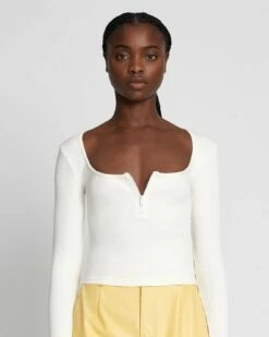 7 For All Mankind Quarter Zip Ribbed Top In Antique White