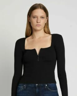7 For All Mankind Quarter Zip Ribbed Top In Moonless Night