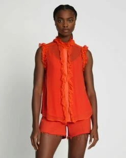 7 For All Mankind Silk Sleeveless Ruffle Top In Koi