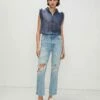 7 For All Mankind Sleeveless Lurex Stripe Ruffle Collar Shirt In Denim Blue -7 For All Mankind Sales 7N515C55 DBM 01