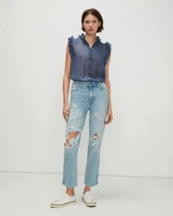 7 For All Mankind Sleeveless Lurex Stripe Ruffle Collar Shirt In Denim Blue