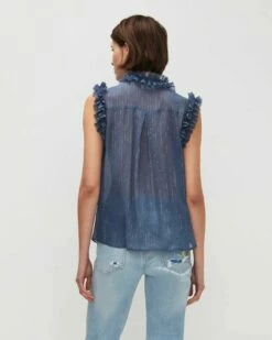 7 For All Mankind Sleeveless Lurex Stripe Ruffle Collar Shirt In Denim Blue -7 For All Mankind Sales 7N515C55 DBM 04