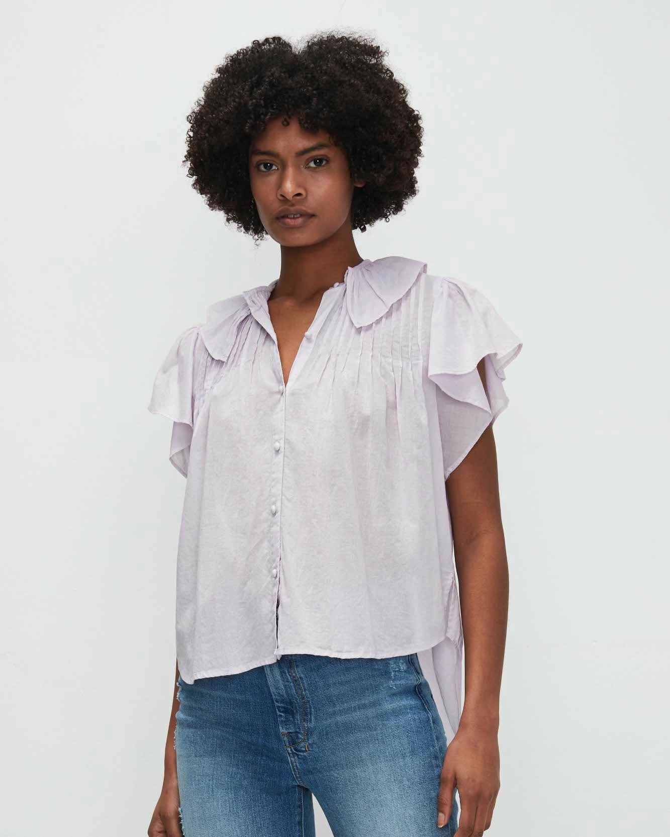 7 For All Mankind Peter Pan Collar Ruffle Top In Light Lilac 3 7 For All Mankind Peter Pan Collar Ruffle Top In Light Lilac