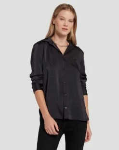 7 For All Mankind Embellished Satin Button-Up Shirt In Black