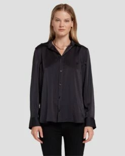 7 For All Mankind Embellished Satin Button-Up Shirt In Black -7 For All Mankind Sales 7N545F63 BLK 6