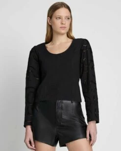 7 For All Mankind Balloon Sleeve Eyelet Top In Black