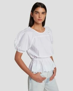7 For All Mankind Eyelet Top In Bright White
