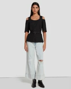 7 For All Mankind Tailored Off The Shoulder Top In Black -7 For All Mankind Sales 7N570F31 BLK 6