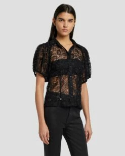 7 For All Mankind Lace Puff Sheer Blouse In Black