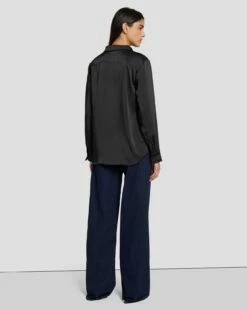 7 For All Mankind Satin Button Up Shirt In Black -7 For All Mankind Sales 7N574F42 BLK 4