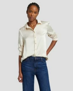 7 For All Mankind Satin Button Up Shirt In Cream