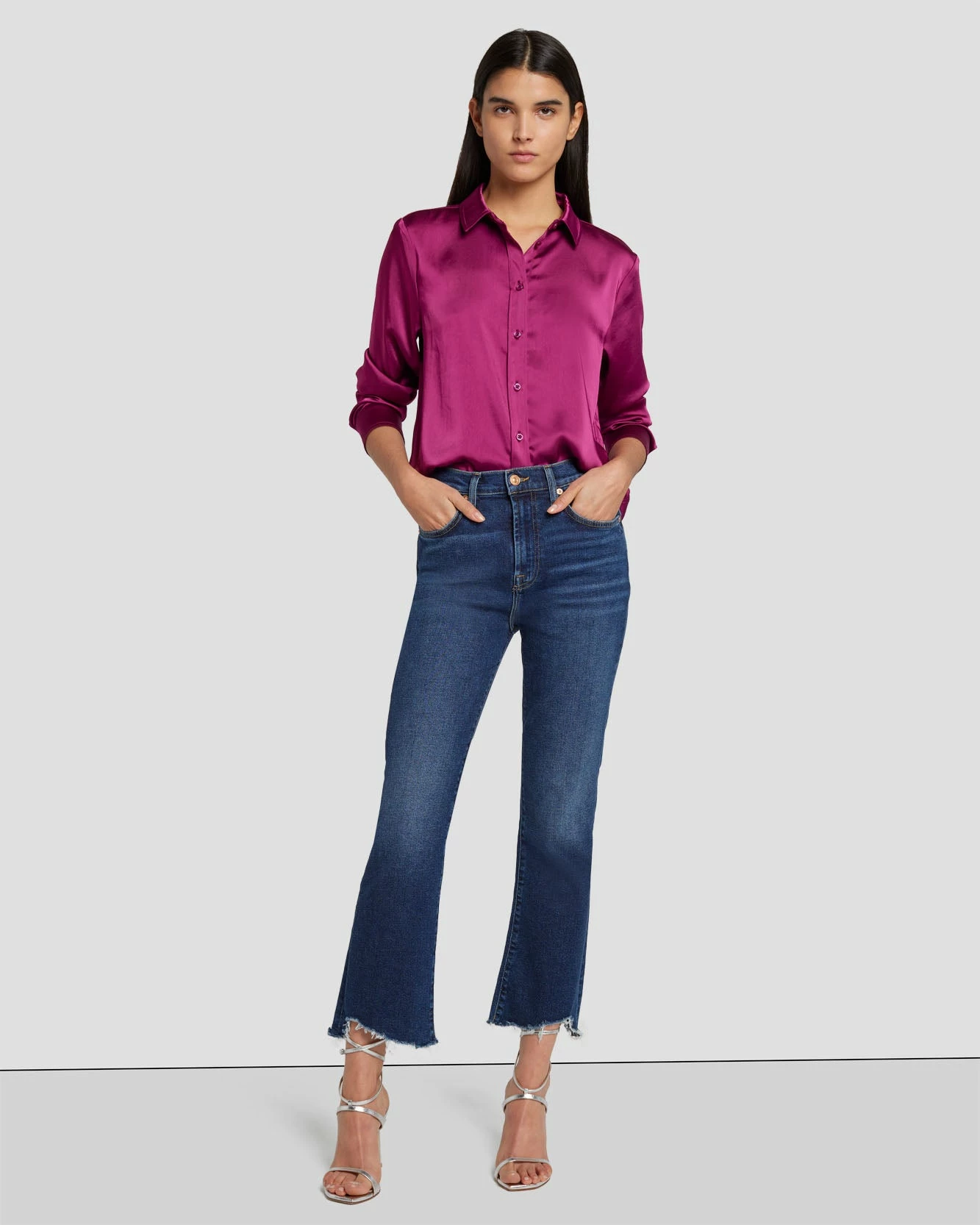 7 For All Mankind Satin Button Up Shirt In Raspberry 4 7 For All Mankind Satin Button Up Shirt In Raspberry - Image 2