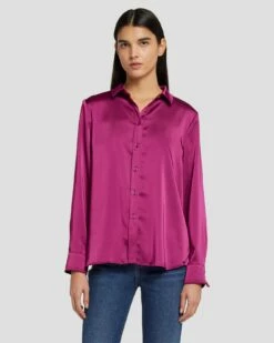 7 For All Mankind Satin Button Up Shirt In Raspberry 10 7 For All Mankind Satin Button Up Shirt In Raspberry -7 For All Mankind Sales 7N574F42 RBR 3
