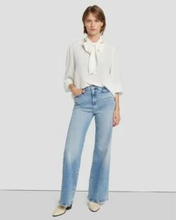 7 For All Mankind Silk Tie Neck Blouse In Cream -7 For All Mankind Sales 7N576F49 CRM 6