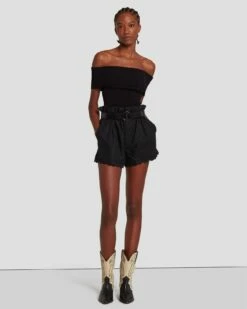 7 For All Mankind Paperbag Linen Short In Black -7 For All Mankind Sales 7N817F31 BLK 6