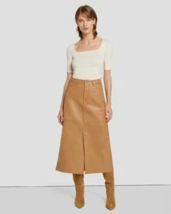 7 For All Mankind Leather Midi Skirt In Brown Sugar