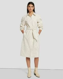 7 For All Mankind Faux Leather Belted Shirt Dress In Cream