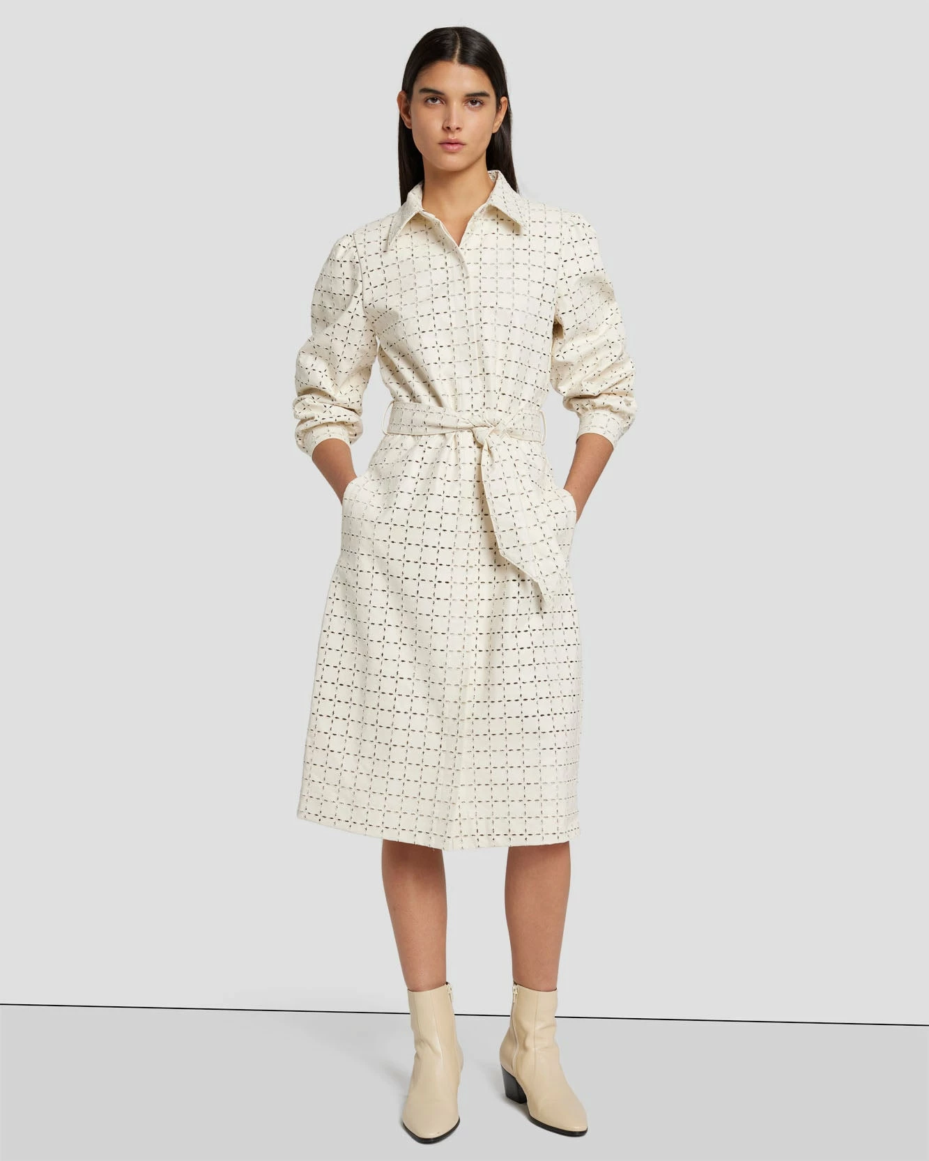 7 For All Mankind Faux Leather Belted Shirt Dress In Cream 3 7 For All Mankind Faux Leather Belted Shirt Dress In Cream