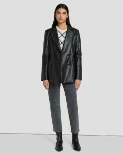 7 For All Mankind Faux Leather Wrap Blazer In Black -7 For All Mankind Sales 7N948F06 BLK 6