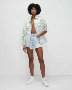 7 For All Mankind Easy Ruby Short With Distress And Embroidery In Sun Blue