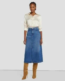 7 For All Mankind Denim Midi Skirt In Explorer