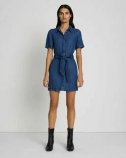 7 For All Mankind Denim Lustre Belted Shirtdress In Dark Indigo